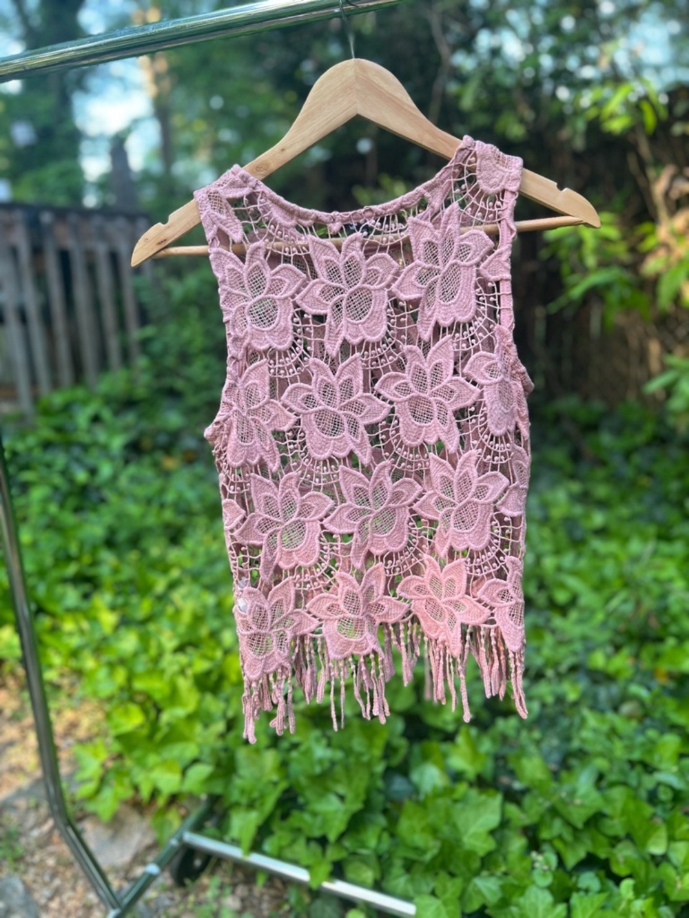 Ambiance Pink Floral Crochet Fringe Tank Top - Picture 2 of 7